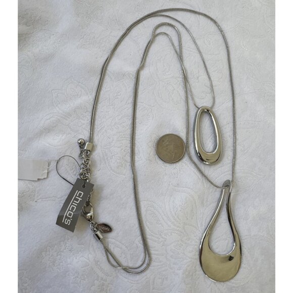 Chicos Silver Tone 19" Double Pendant Long Rope Chain Statement Necklace NEW - Picture 5 of 16